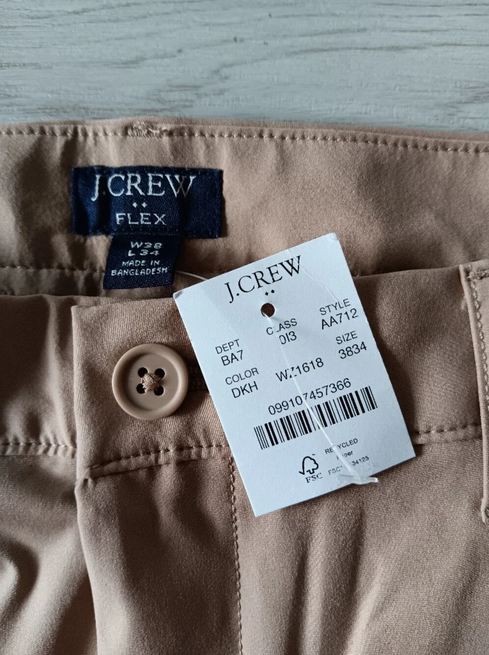 J. Crew Tech Flex Pant Performance Chinos Tapered Leg UPF 50+ Slim 38 x 34 Tan